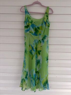 100% Silk Green Floral Midi Dress Elegant Flowy Slip Dress Romantic Vintage